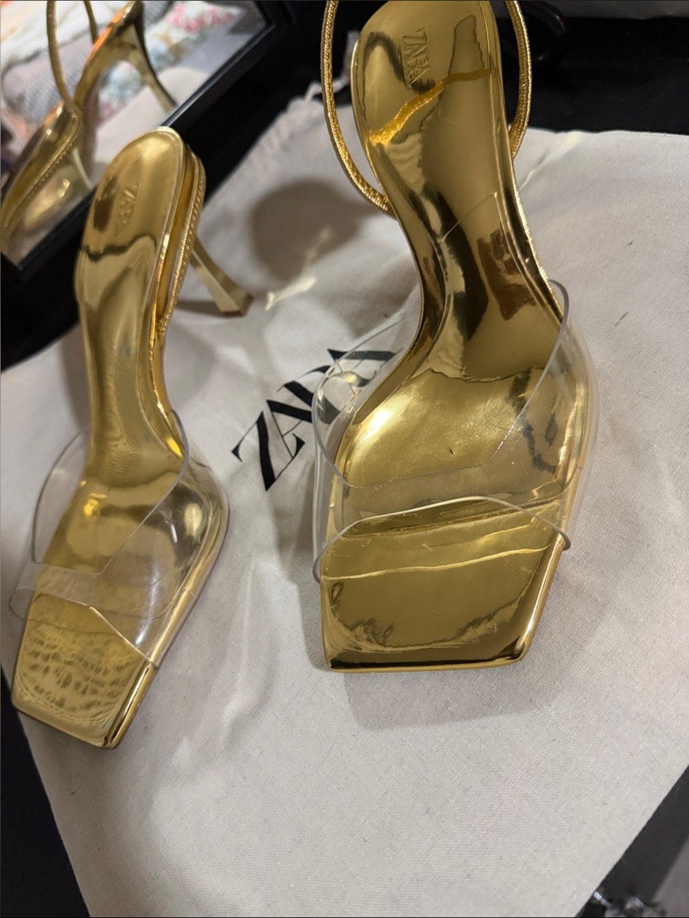 Zara Gold Metallic Heeled Sandals with Clear Straps